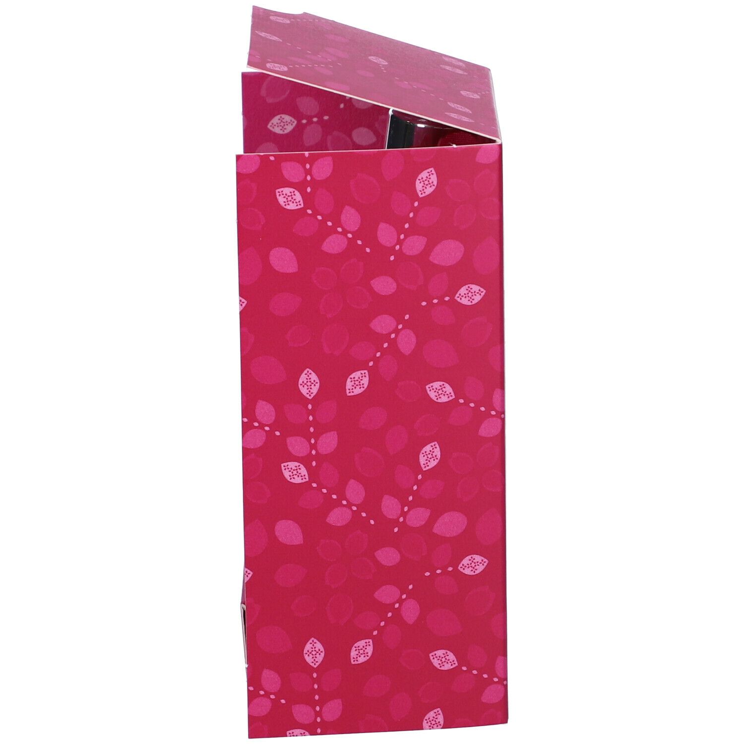 Vista laterale della confezione regalo. Motivo a foglie rosa. Coperchio leggermente aperto.