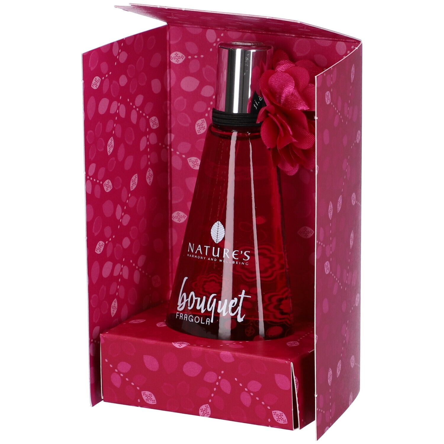 Flacone rosso di Eau de Toilette in confezione regalo aperta. Scritta: Nature's Bouquet Fragola. Decorato con fiore.