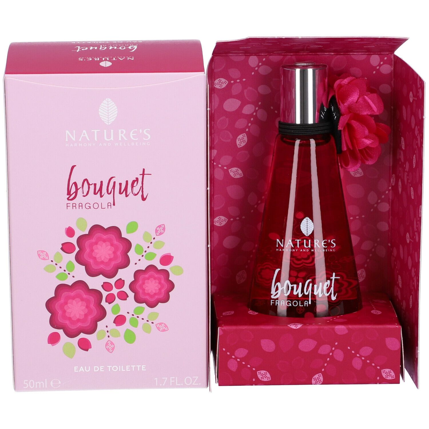 Confezione regalo aperta con flacone e confezione. Scritta: Nature's Bouquet Fragola. Con motivo floreale.