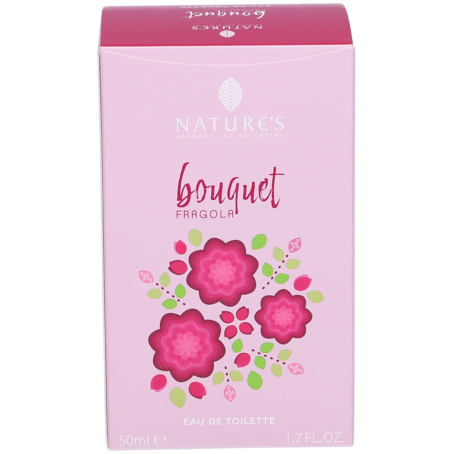 Confezione regalo chiusa. Scritta: Nature's Bouquet Fragola. Con motivo floreale. 50ml, 1.7 fl.oz.