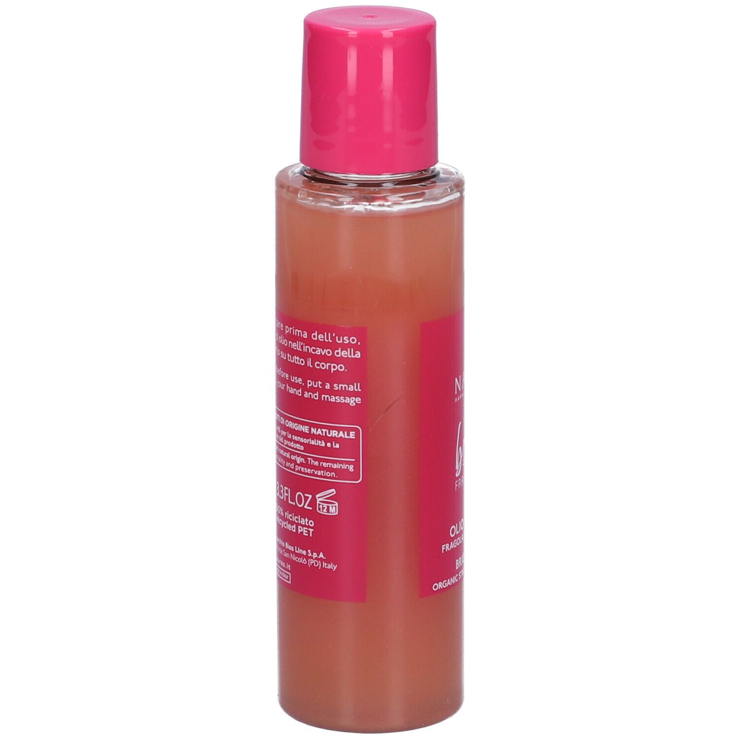 Eine durchsichtige Flasche mit einem rosa-orangen Inhalt und einem pinken Verschluss.