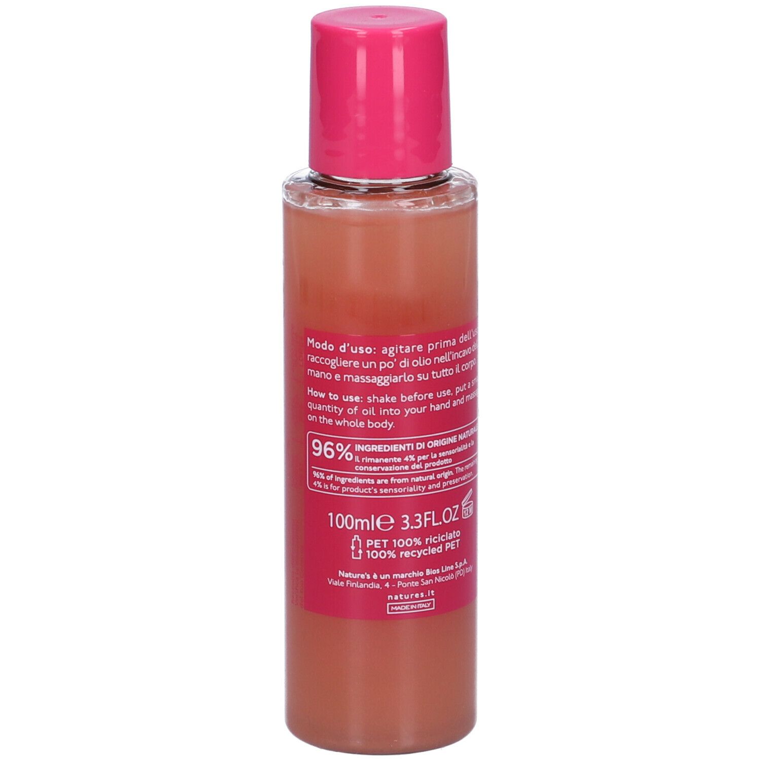 Flasche mit rosa Verschluss, enthält rosafarbenes Öl. 96% natürliche Inhaltsstoffe, 100ml.