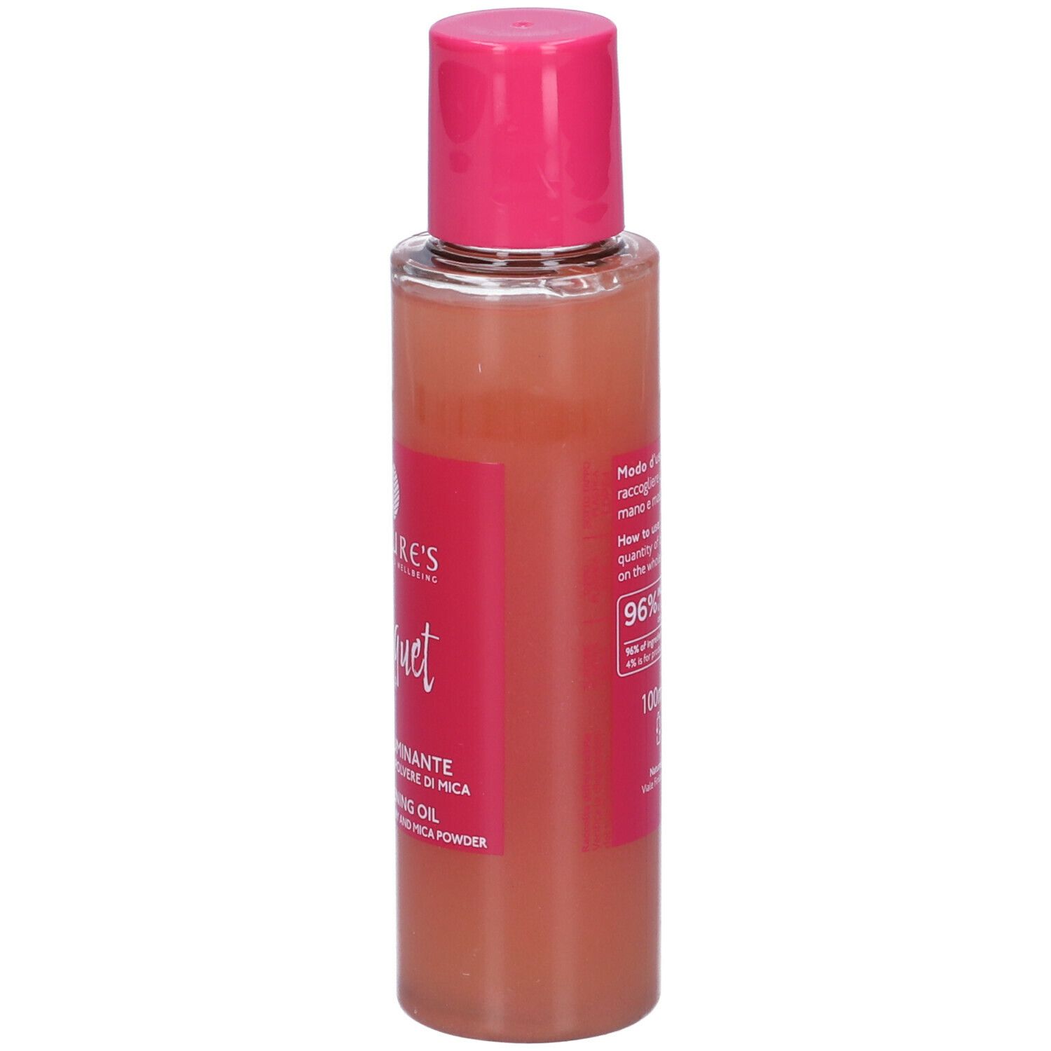 Flasche mit rosa Öl und pinkem Verschluss. Enthält 96% natürliche Inhaltsstoffe.