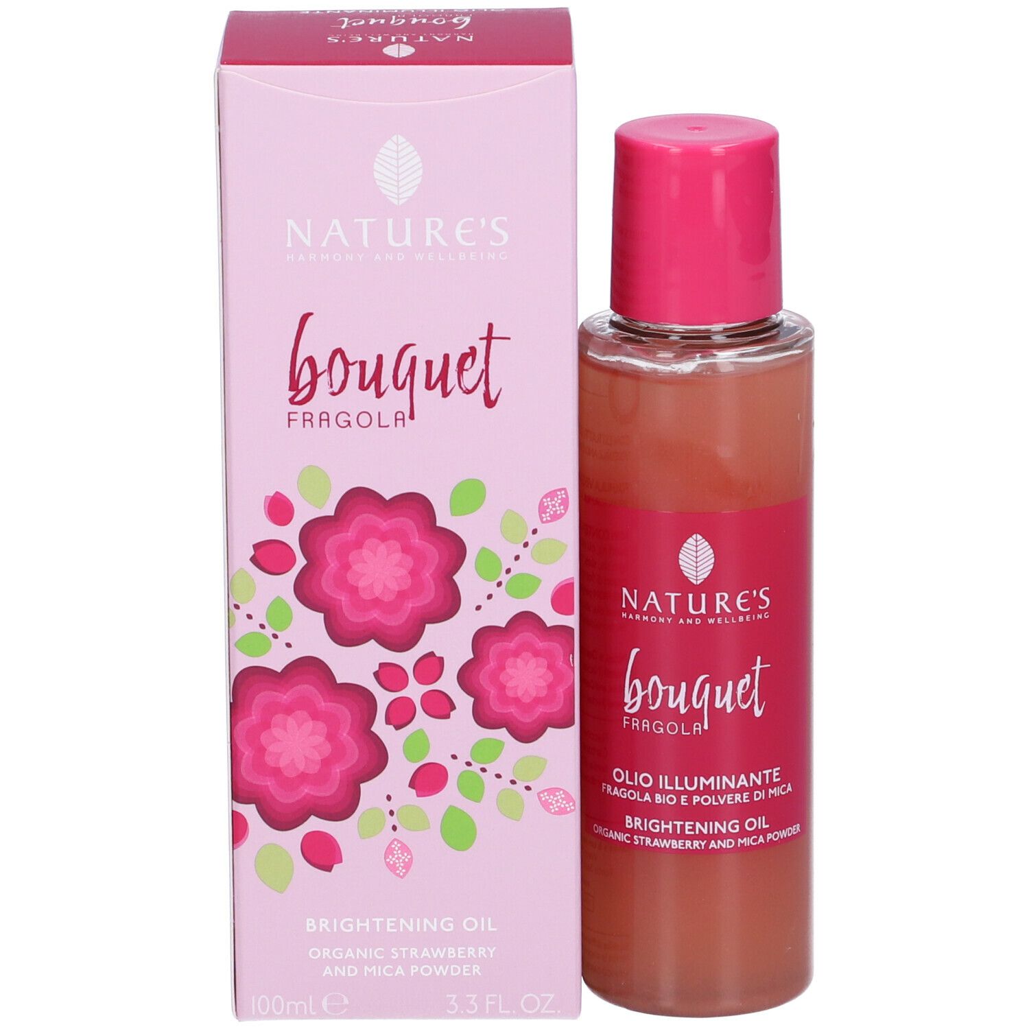 Nature's Bouquet Fragola aufhellendes Öl in Flasche und Kartonverpackung. Enthält Bio-Erdbeere und Glimmerpulver.
