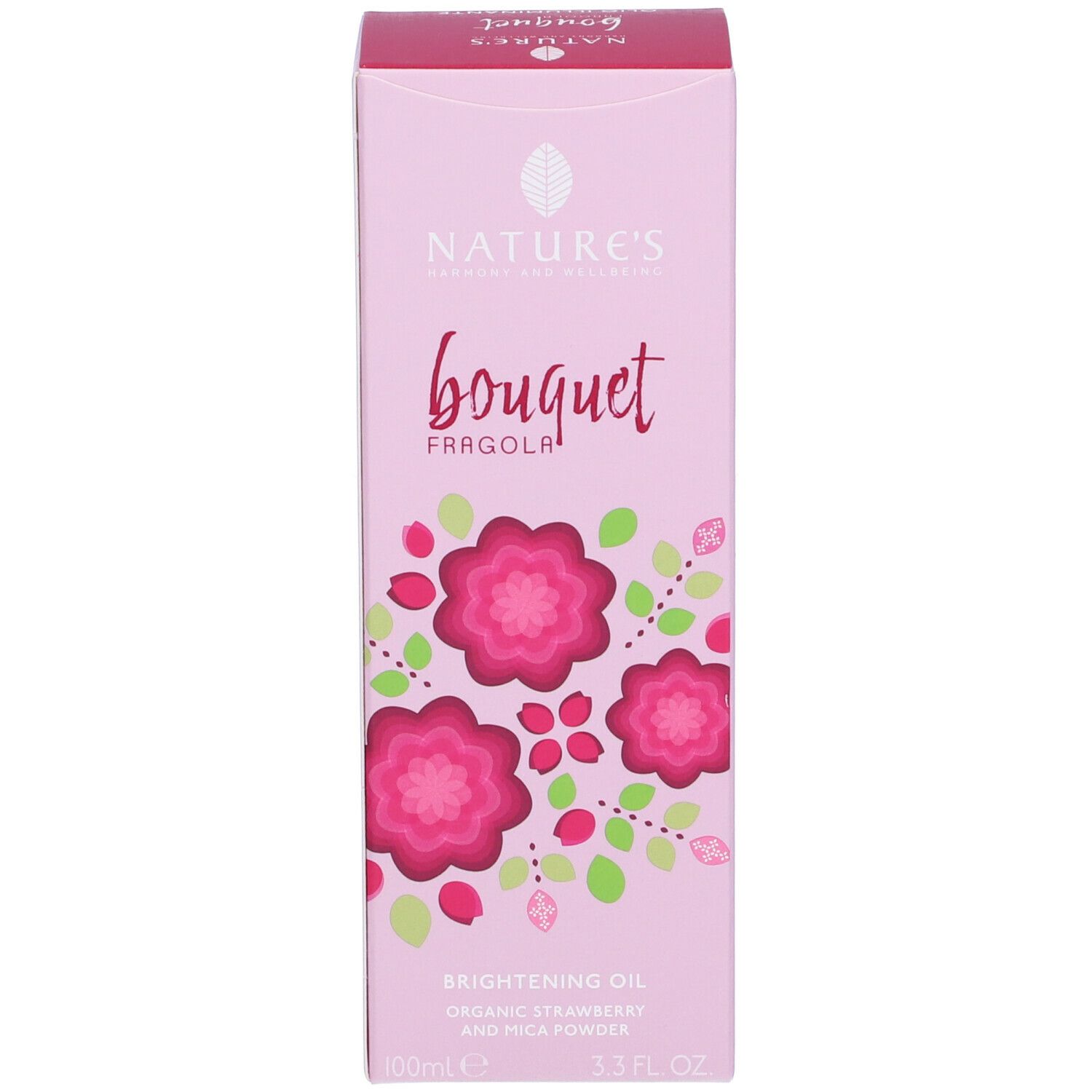 Nature's Bouquet Erdbeer-Aufhellungsöl in rosa Verpackung mit Blumenmuster.