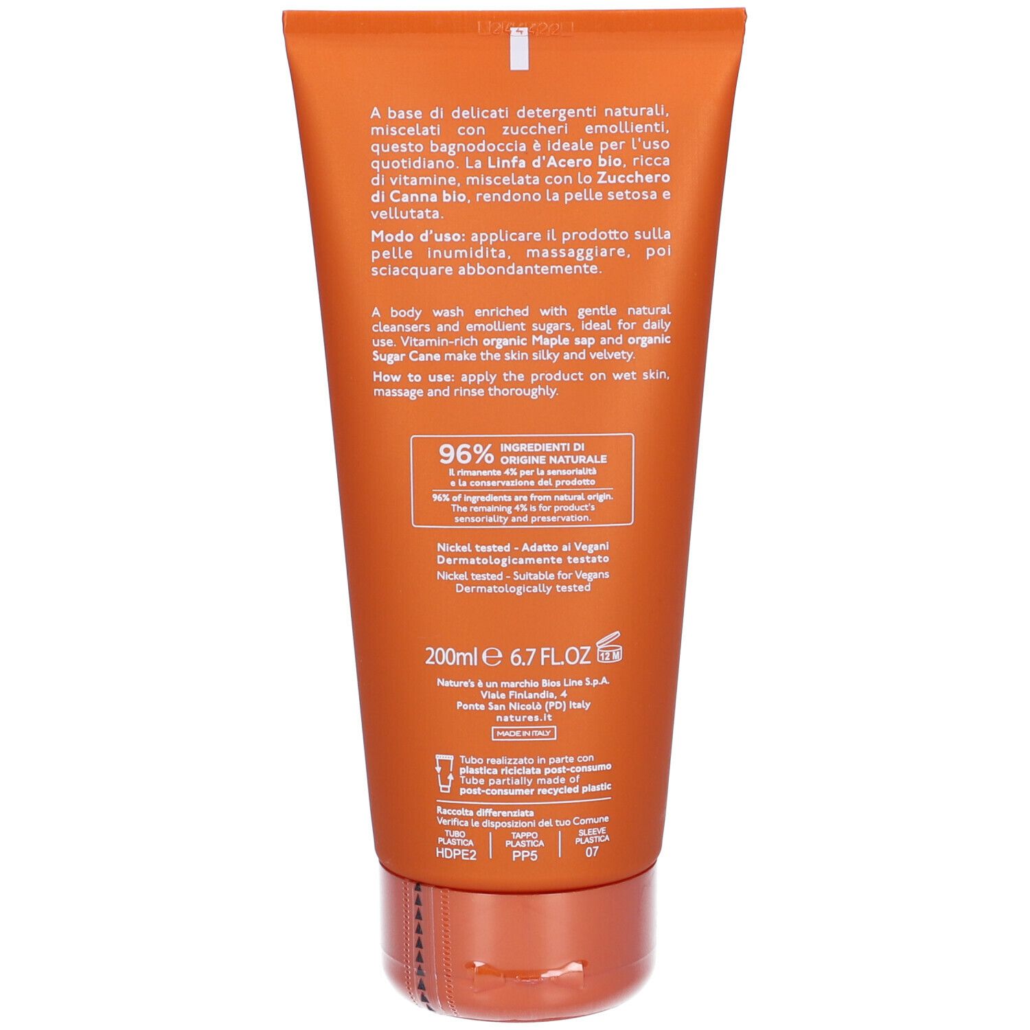 Retro del tubo. Testo: ingredienti, istruzioni per l'uso, 96% ingredienti di origine naturale. 200ml.