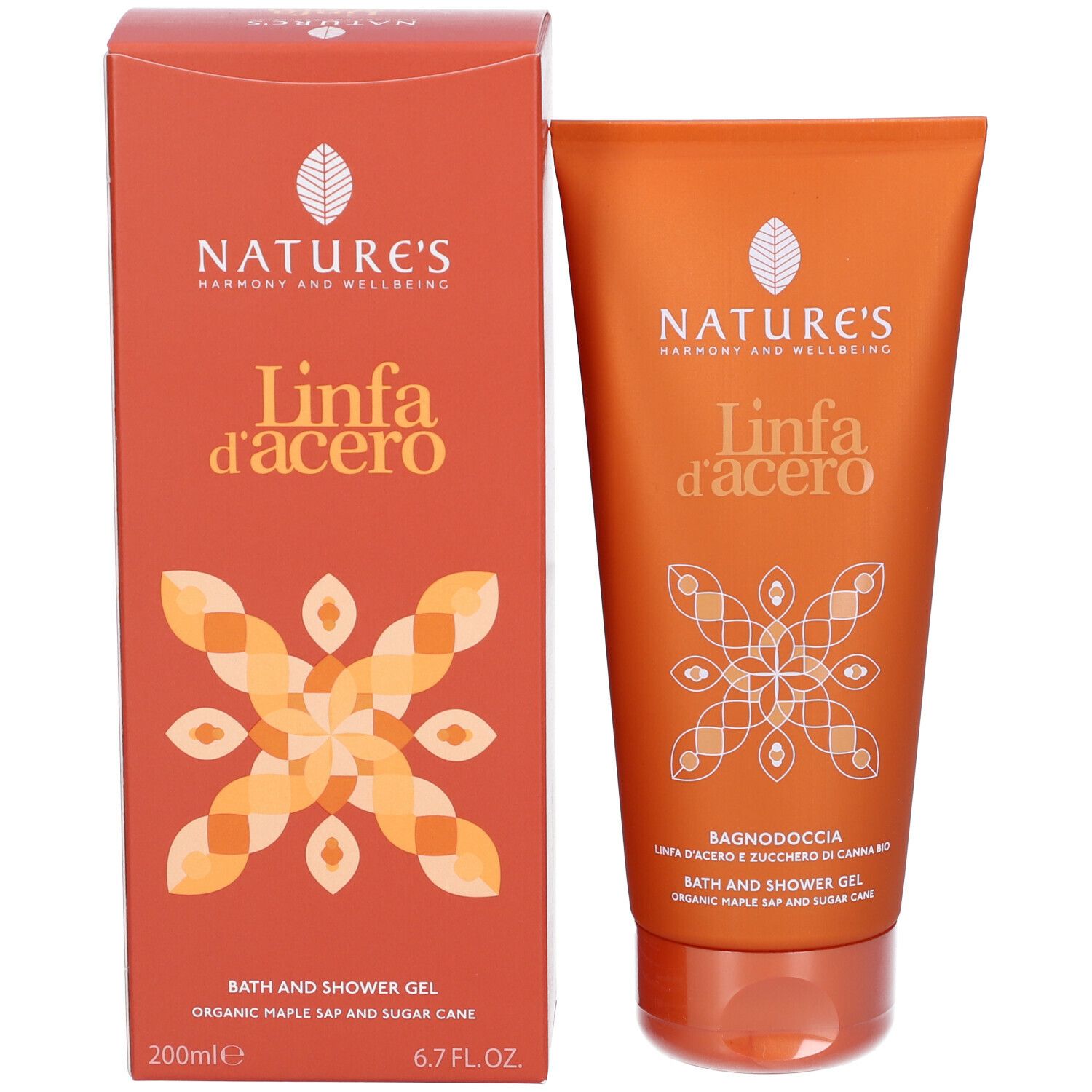 Prodotto e confezione. Tubo e scatola arancioni. Testo: Linfa d'Acero Bagnodoccia. 200ml. Logo.