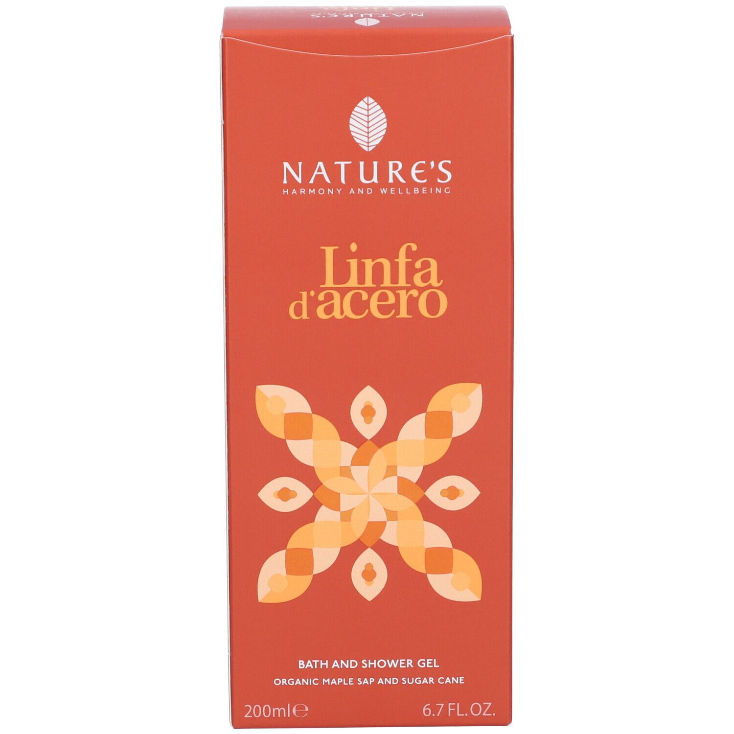 Scatola arancione. Testo: Linfa d'Acero Bagnodoccia. Logo. 200ml. Nome del prodotto e logo.