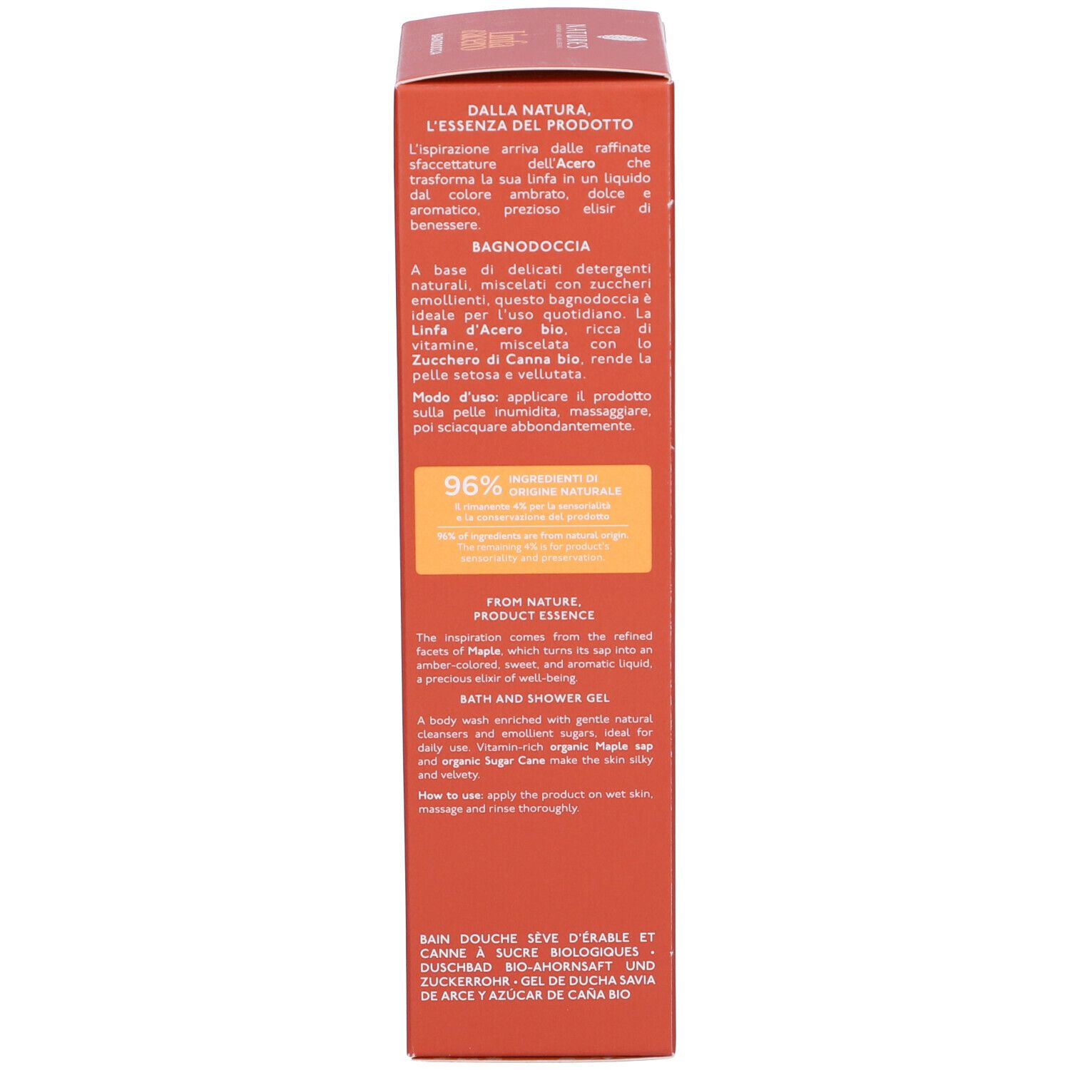 Scatola. Testo: ingredienti, uso, 96% ingredienti naturali. Nome del prodotto e logo. Bagnodoccia.