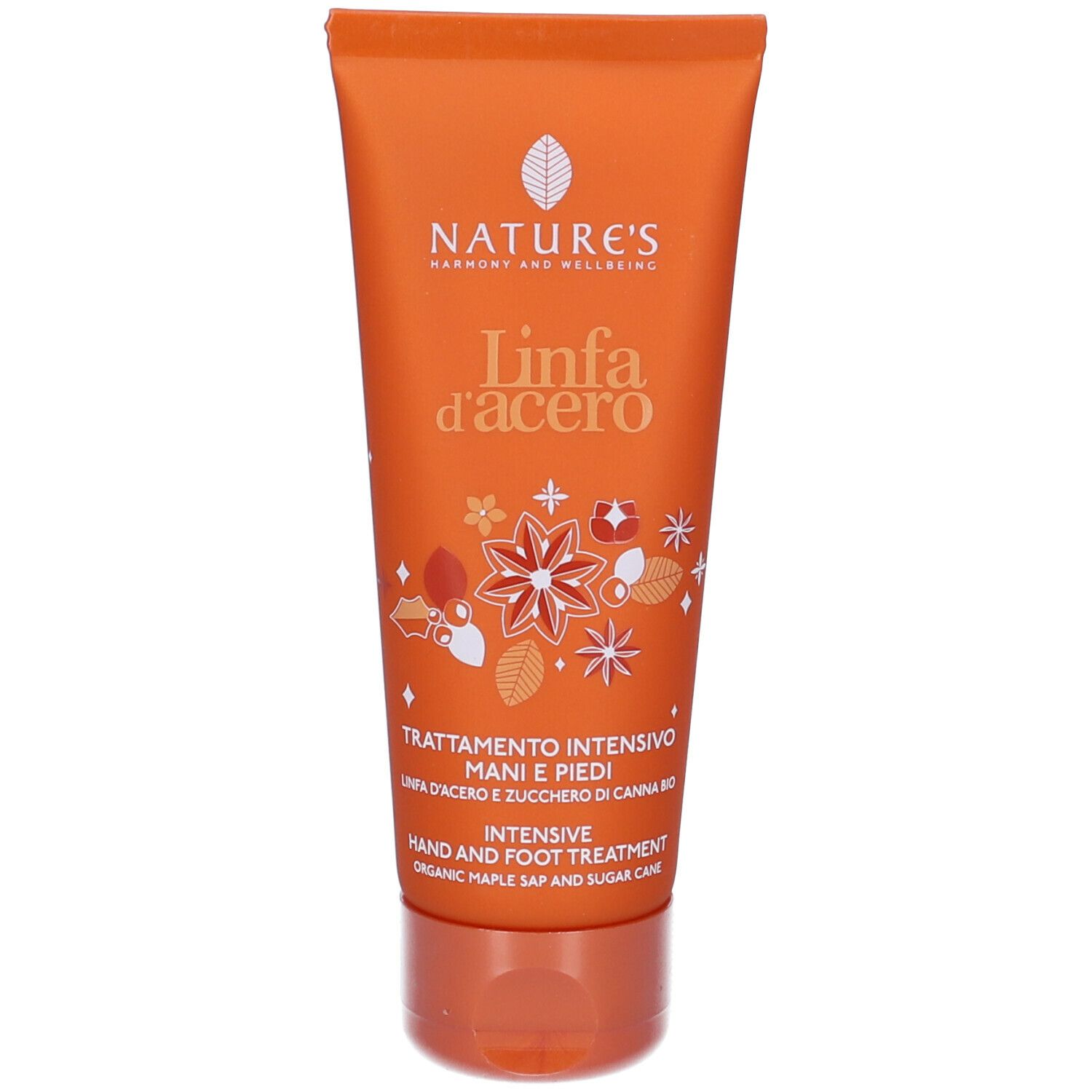 Tubo arancione con "Nature's" e "Linfa d'acero". Trattamento mani e piedi. Elementi decorativi.