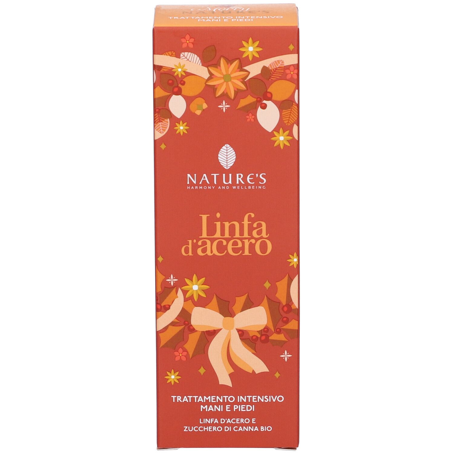Confezione del prodotto. Scritta: "Nature's", "Linfa d'acero". Trattamento mani e piedi. Elementi decorativi.