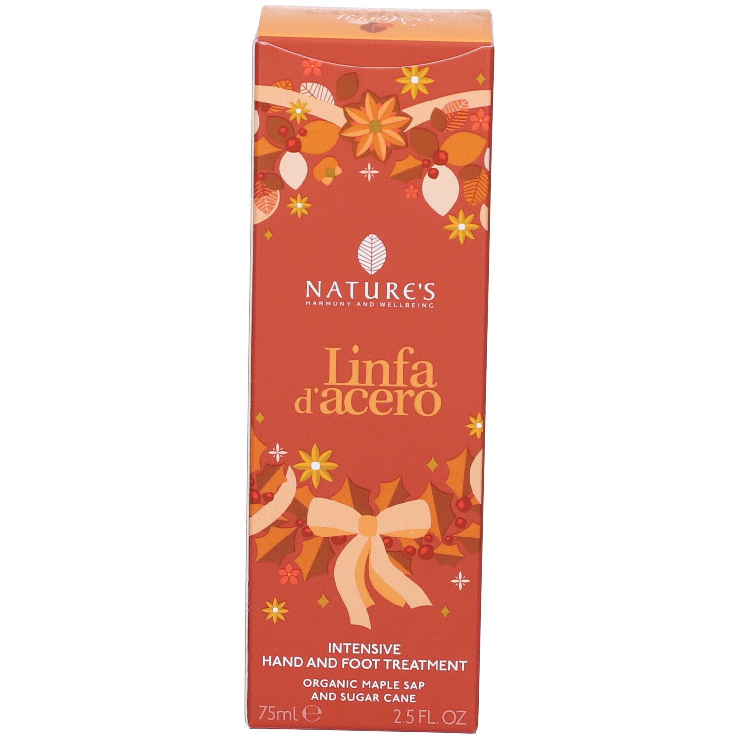 Confezione del prodotto. Scritta: "Nature's", "Linfa d'acero". Trattamento mani e piedi. Indicazione volume.
