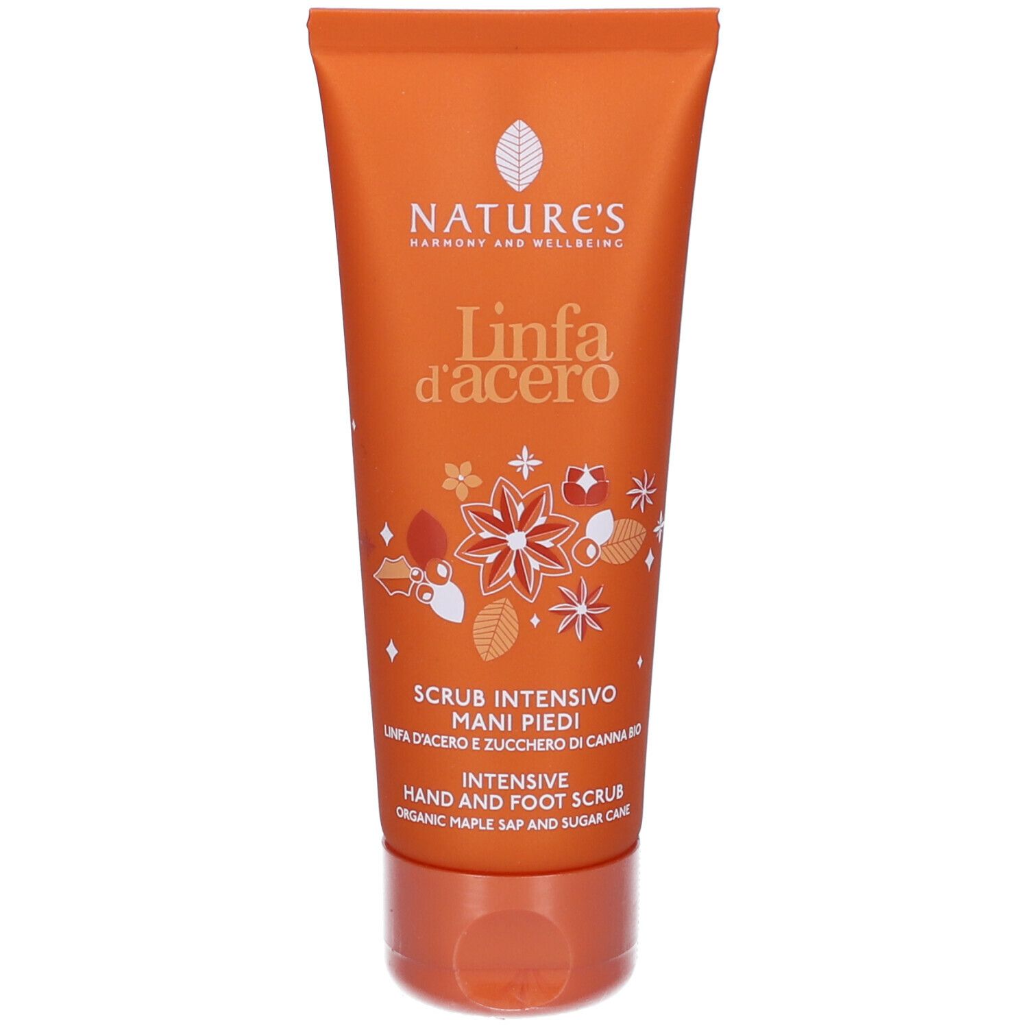 Tubo arancione con nome del prodotto e design floreale. Testo: Scrub Intensivo Mani Piedi, Intensive Hand and Foot Scrub.