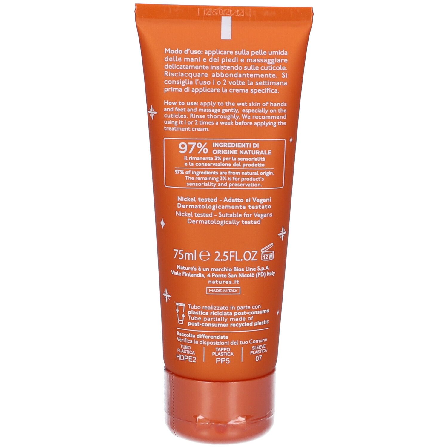 Retro del tubo. Testo: Istruzioni per l'uso, 97% ingredienti di origine naturale, testato al nichel, 75ml.