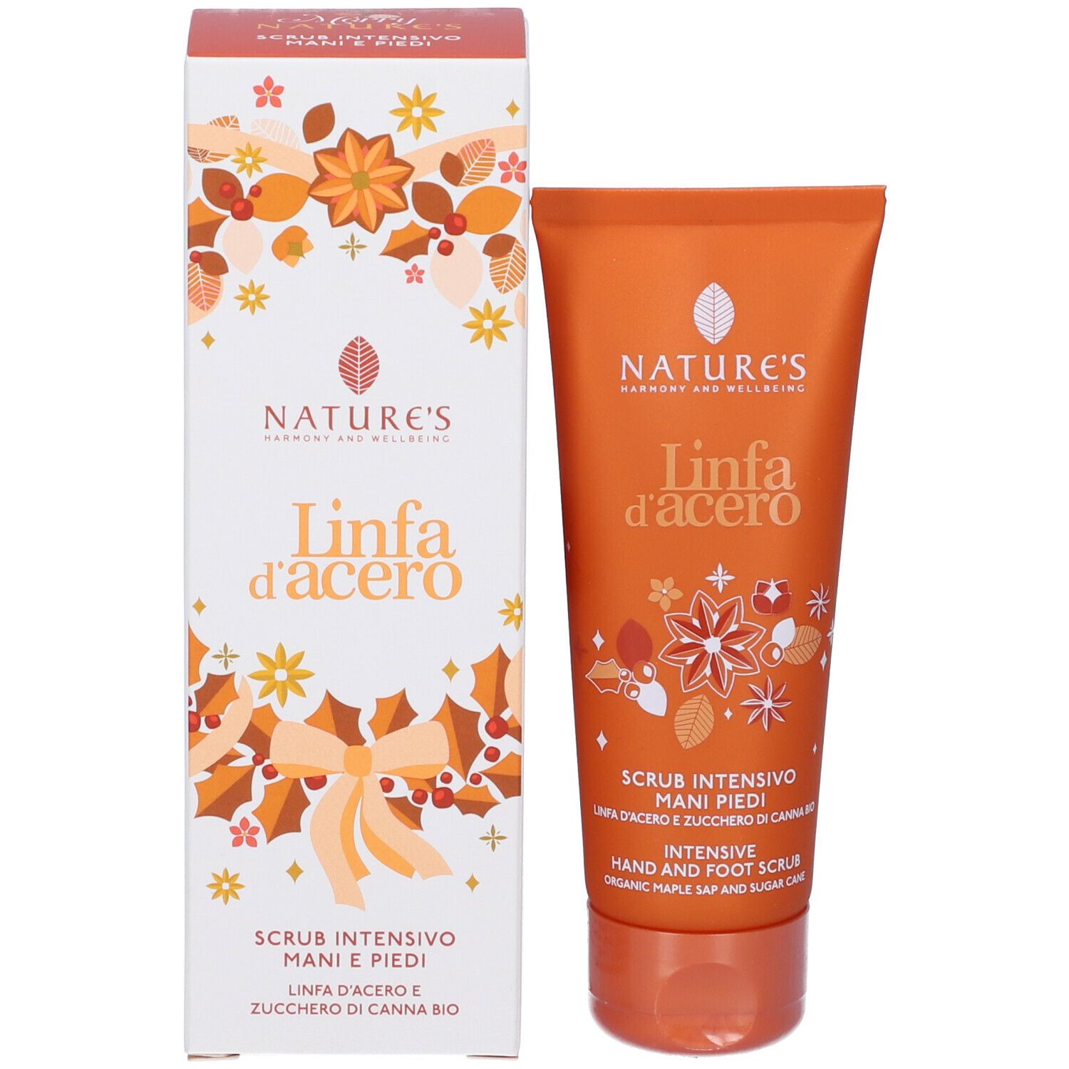 Confezione del prodotto con tubo. Confezione con nome del prodotto e design floreale. Tubo: Scrub Intensivo Mani Piedi.