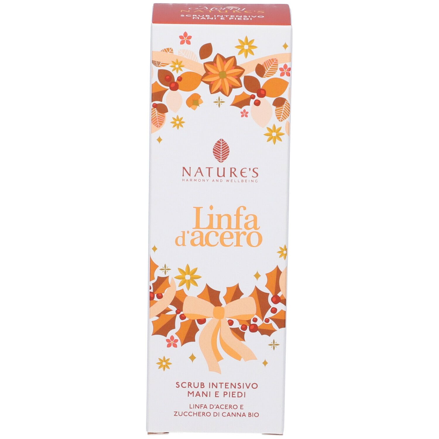Confezione del prodotto. Bianca con nome del prodotto e design floreale. Testo: Scrub Intensivo Mani Piedi, Linfa d'acero.