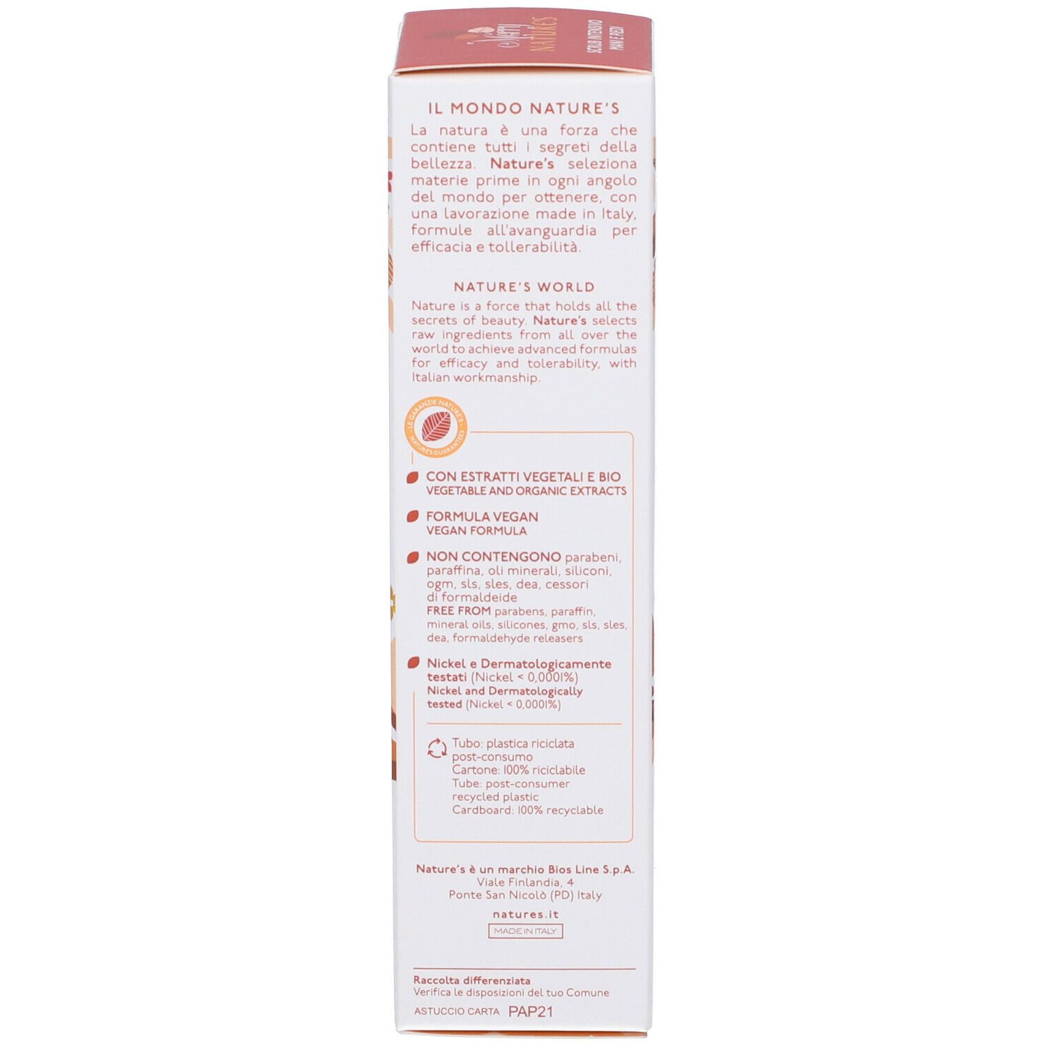 Lato della confezione del prodotto. Testo: Nature's, ingredienti, formula vegana, testato al nichel, materiale riciclabile.