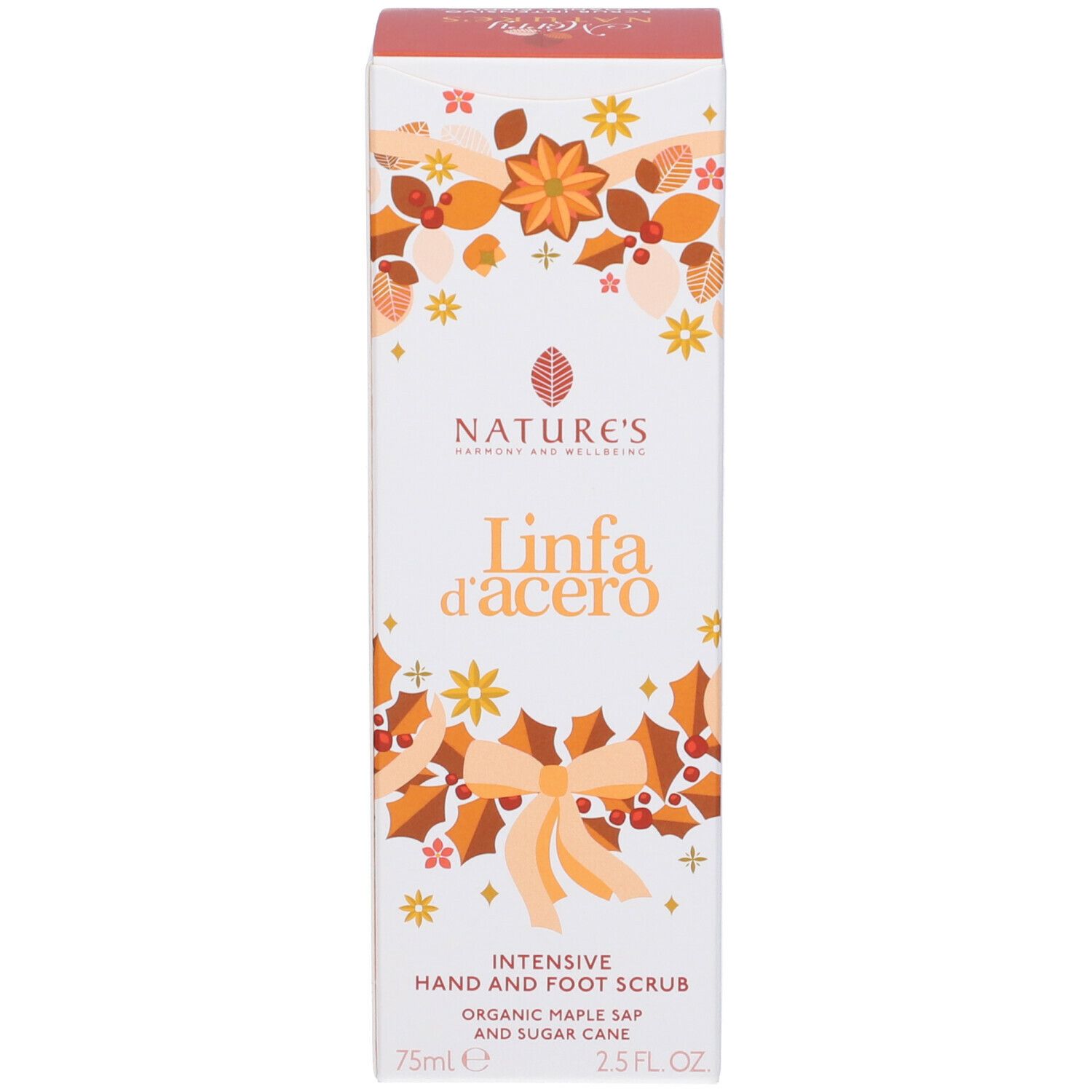 Confezione del prodotto. Bianca con nome del prodotto e design floreale. Testo: Scrub Intensivo Mani e Piedi, 75ml, 2.5 FL OZ.