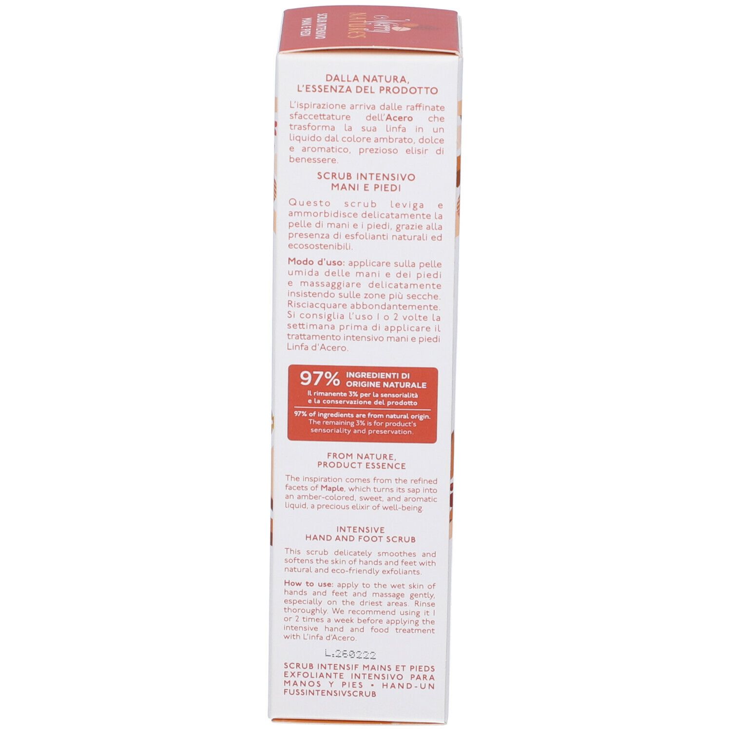 Lato della confezione del prodotto. Testo: Istruzioni per l'uso, 97% ingredienti di origine naturale, Scrub Intensivo Mani e Piedi.