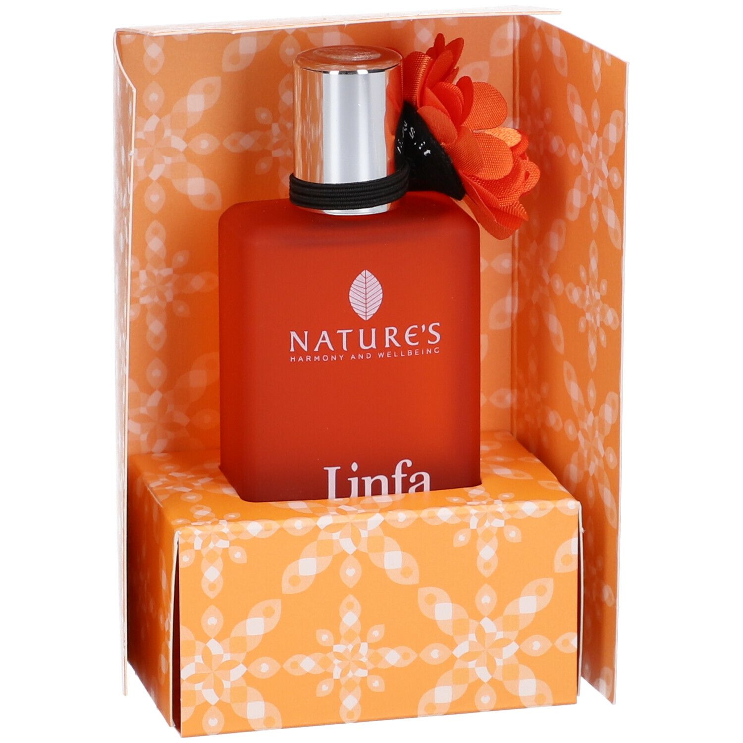 Flacone arancione con tappo argentato e fiore in scatola arancione. Scritta: Nature's, Linfa.