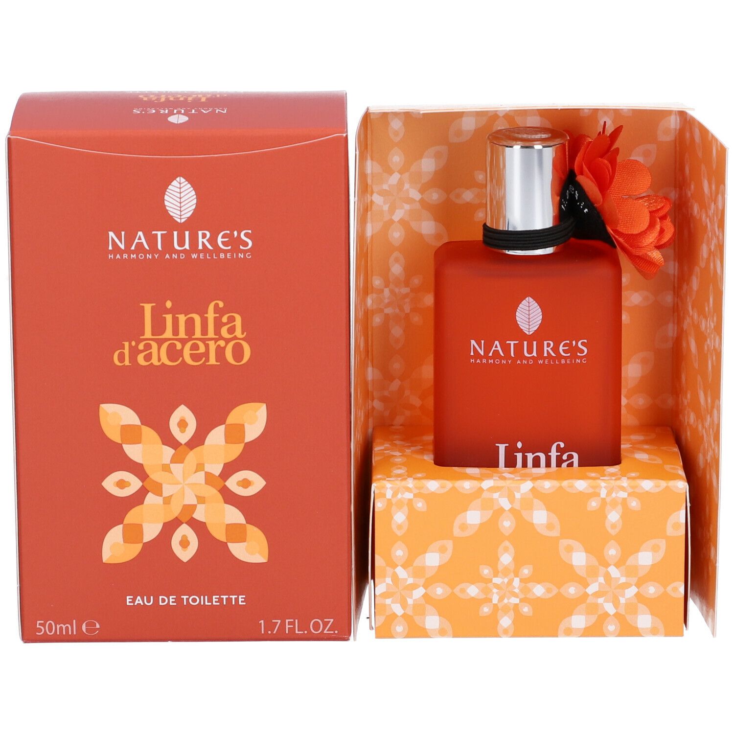 Flacone e scatola arancioni. Scritta: Nature's, Linfa d'acero, Eau de Toilette, 50ml, 1.7 FL.OZ.