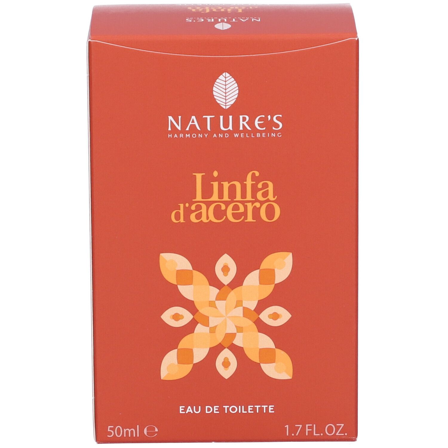 Scatola arancione. Scritta: Nature's, Linfa d'acero, Eau de Toilette, 50ml, 1.7 FL.OZ.
