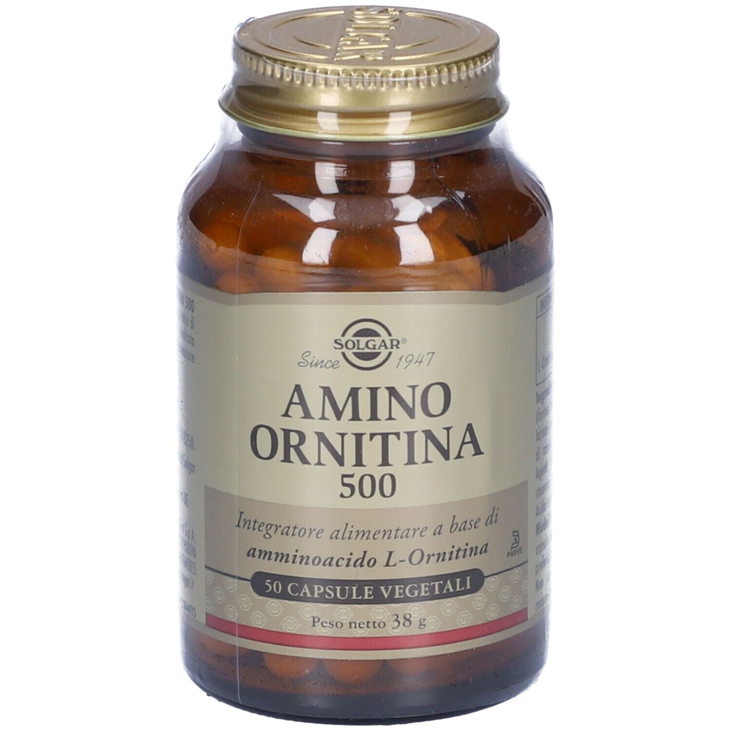 Flacone di vetro marrone con tappo dorato. L'etichetta riporta 'Amino Ornitina 500' e '50 Capsule Vegetali'.