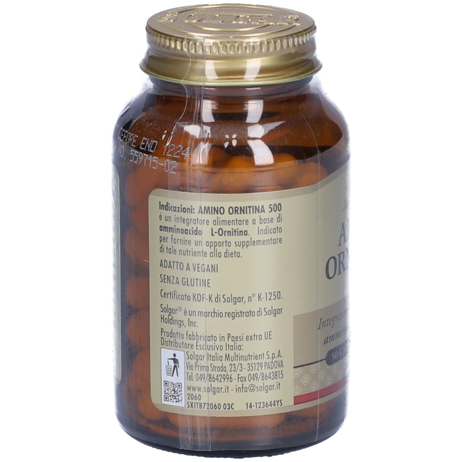 Retro di un flacone di vetro marrone con tappo dorato. Etichetta con testo, tra cui 'Amino Ornitina 500' e 'Senza Glutine'.