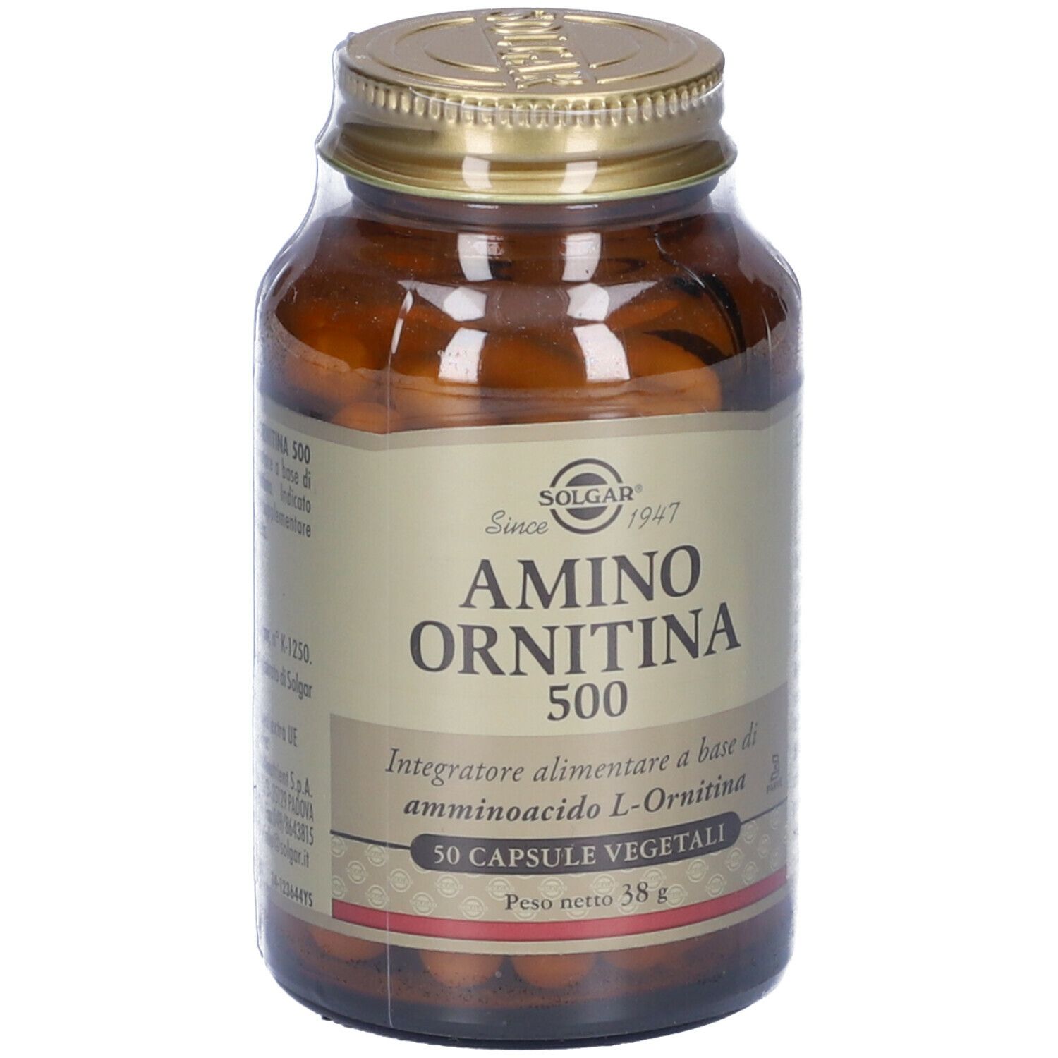 Flacone di vetro marrone con tappo dorato. L'etichetta riporta 'Amino Ornitina 500' e '50 Capsule Vegetali'.