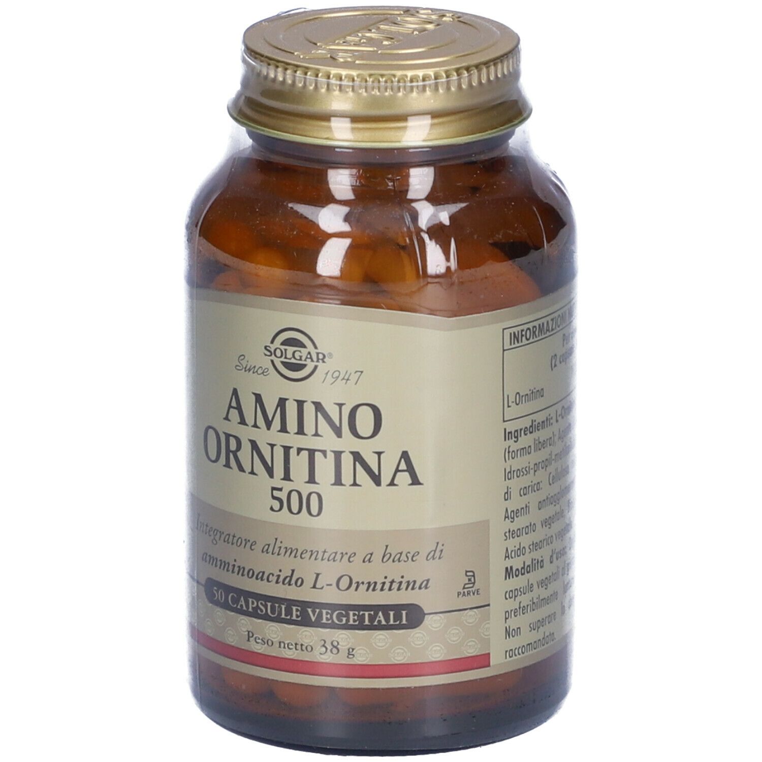 Flacone di vetro marrone con tappo dorato. L'etichetta riporta 'Amino Ornitina 500' e '50 Capsule Vegetali'.