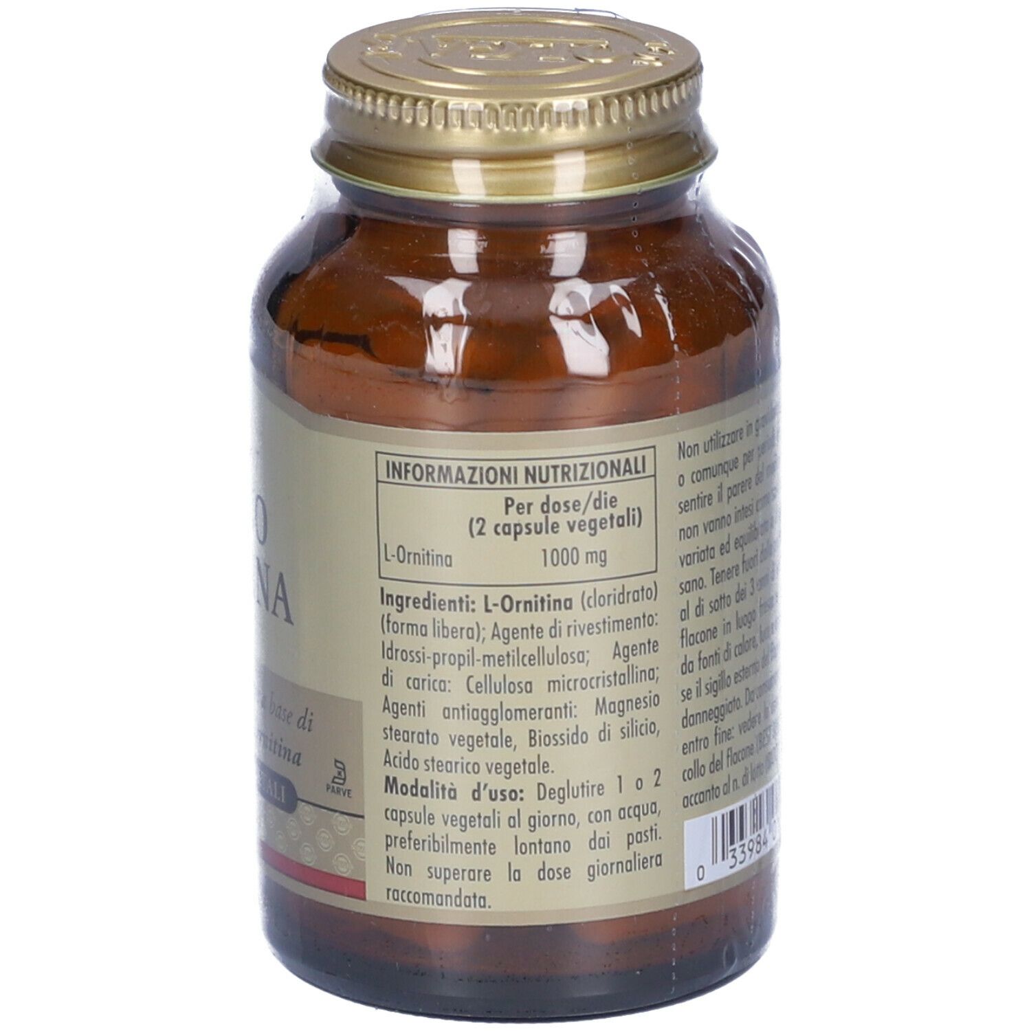 Retro di un flacone di vetro marrone con tappo dorato. Etichetta con informazioni nutrizionali e ingredienti.