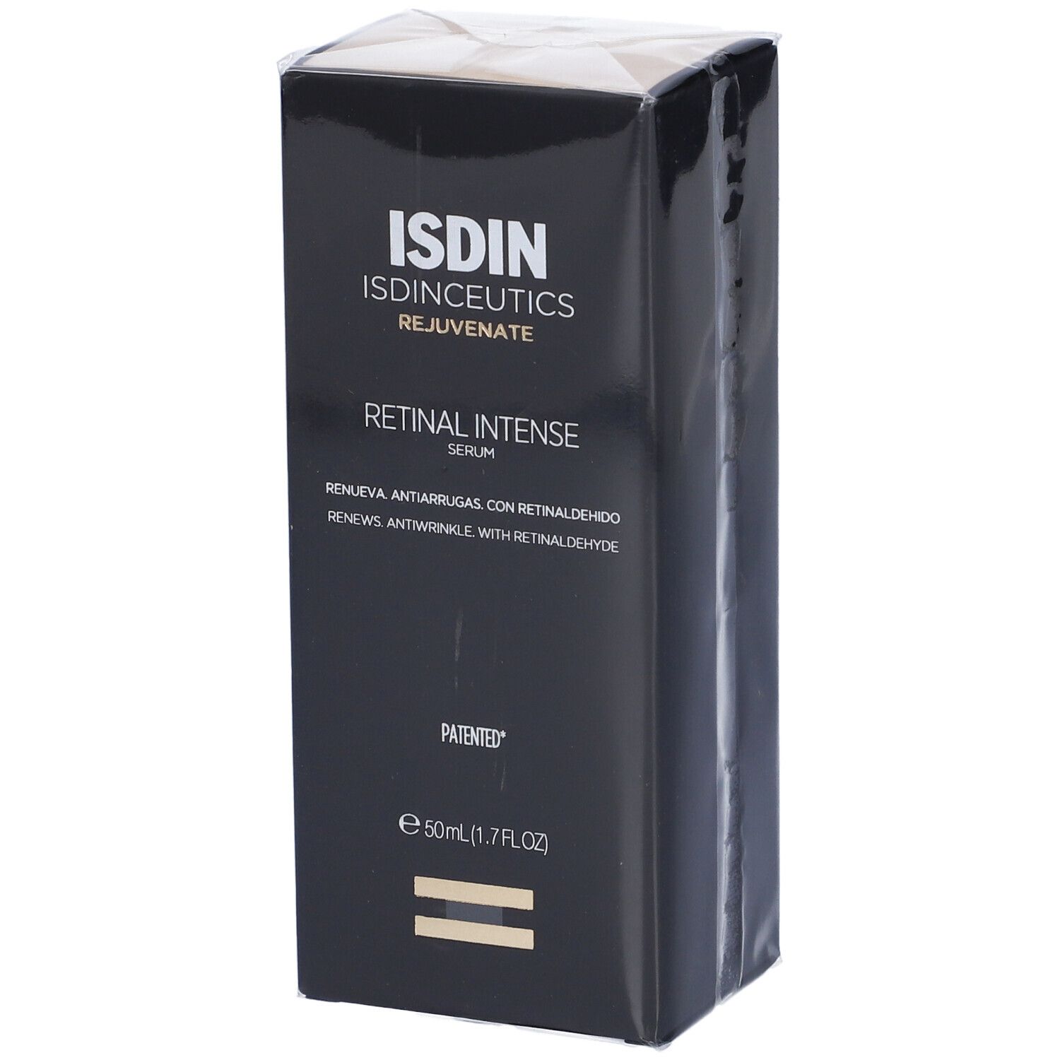 Confezione del prodotto. Scritta: ISDIN, Retinal Intense Serum. Scatola nera.