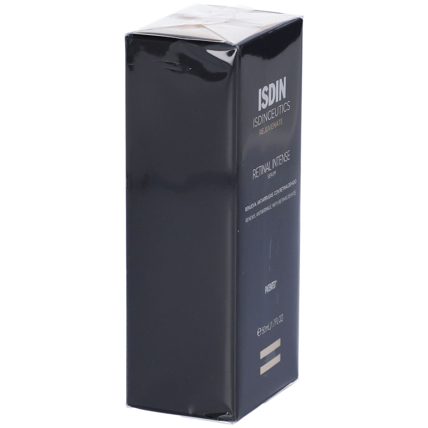 Confezione del prodotto. Scritta: ISDIN, Retinal Intense Serum. Scatola nera.