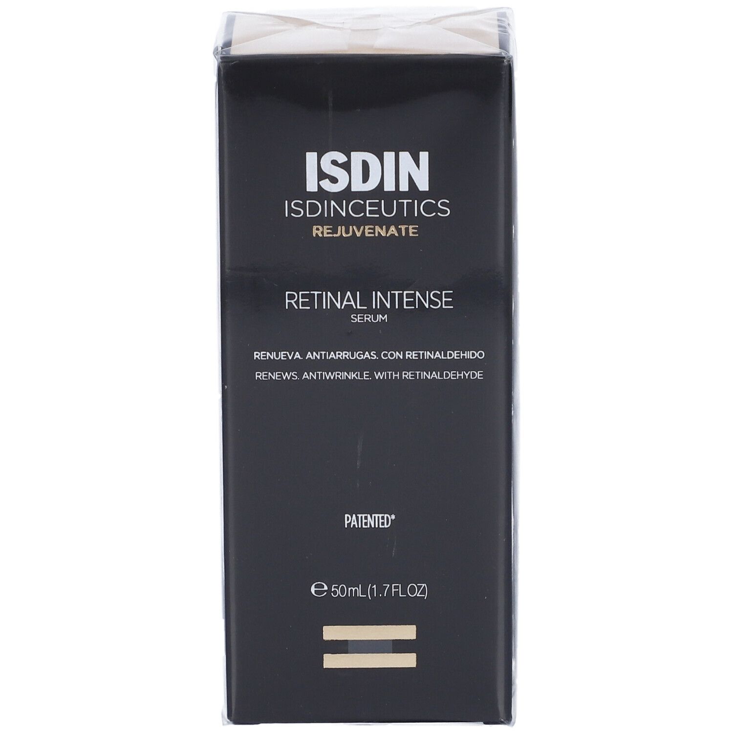 Confezione del prodotto. Scritta: ISDIN, Retinal Intense Serum. Scatola nera.