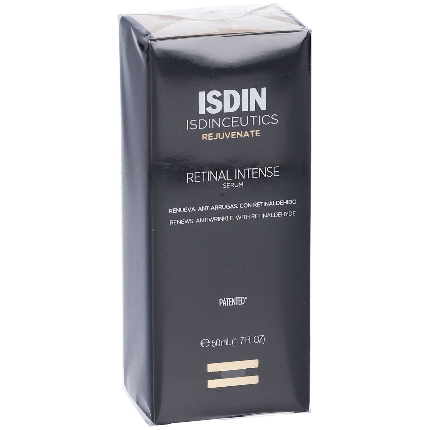 Confezione del prodotto. Scritta: ISDIN, Retinal Intense Serum. Scatola nera.