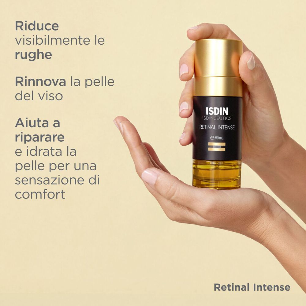 Prodotto in mano. Scritta: ISDIN, Retinal Intense. Testo: Riduce le rughe, rinnova la pelle.