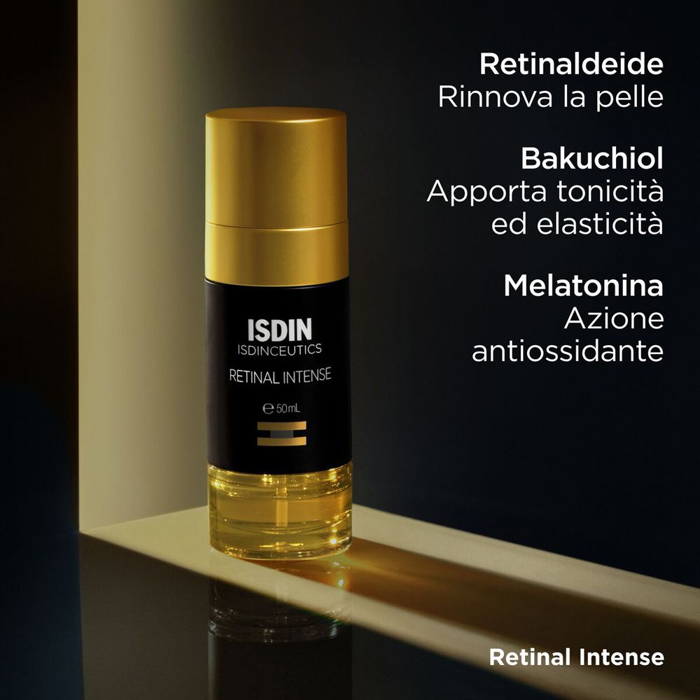 Prodotto con testo: Retinaldeide, Bakuchiolo, Melatonina. Retinal Intense.
