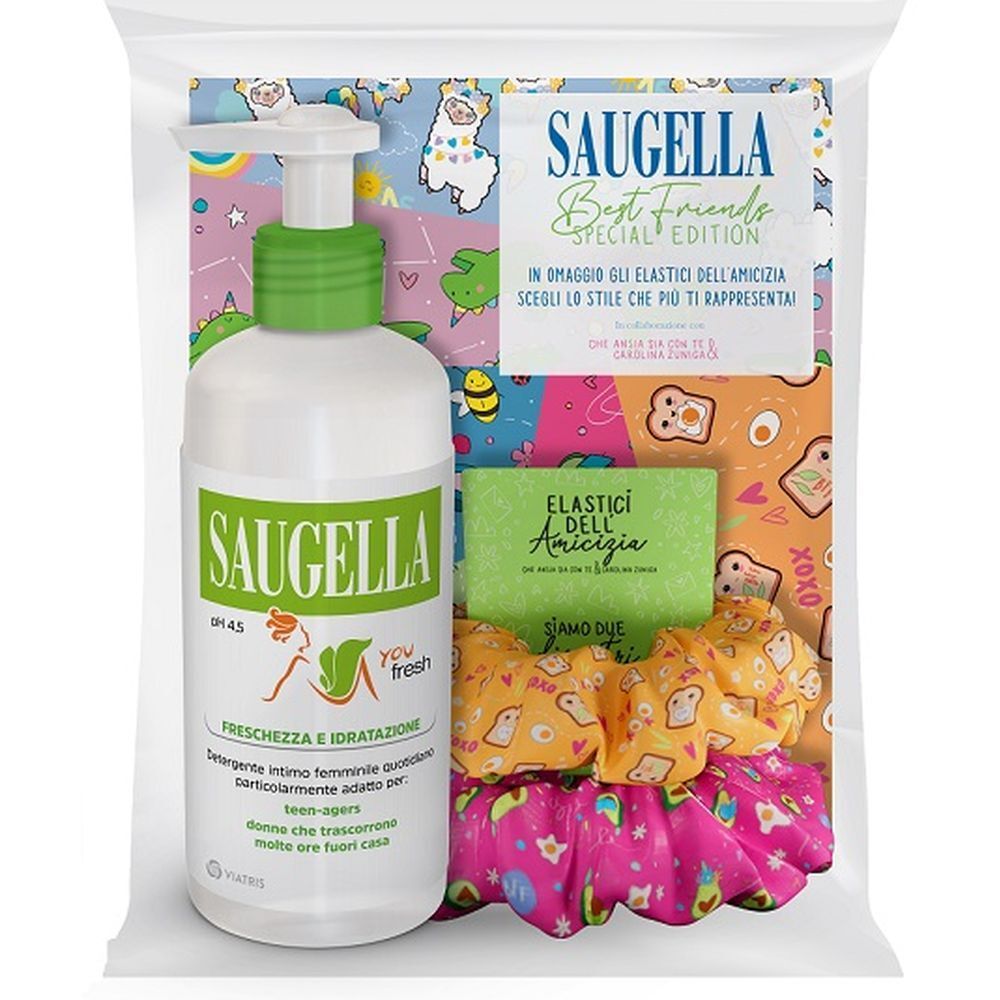 Confezione Saugella. Flacone con dosatore, scrunchies. Scritte: Saugella, pH 4.5, Freschezza e Idratazione, Best Friends Special Edition.