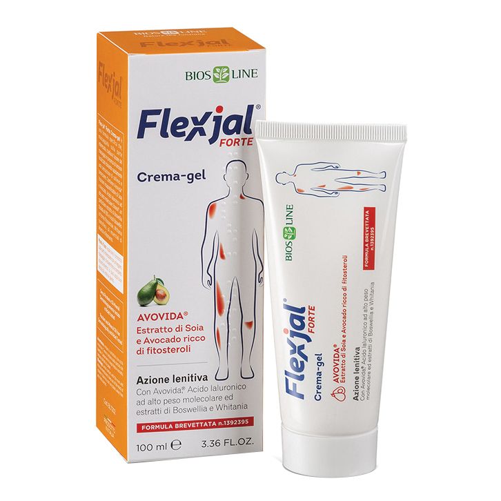 Flexjal Forte Crema-gel, tubo e confezione. Scritta: AVODA, estratti, sagoma umana. Confezione arancione e bianca.