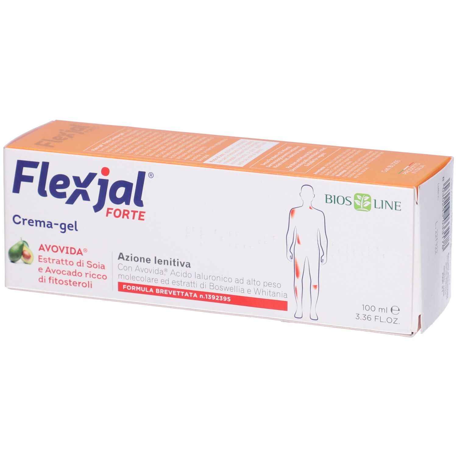 Flexjal Forte Crema-gel, confezione. Scritta: AVODA, estratti, sagoma umana. Confezione arancione e bianca.