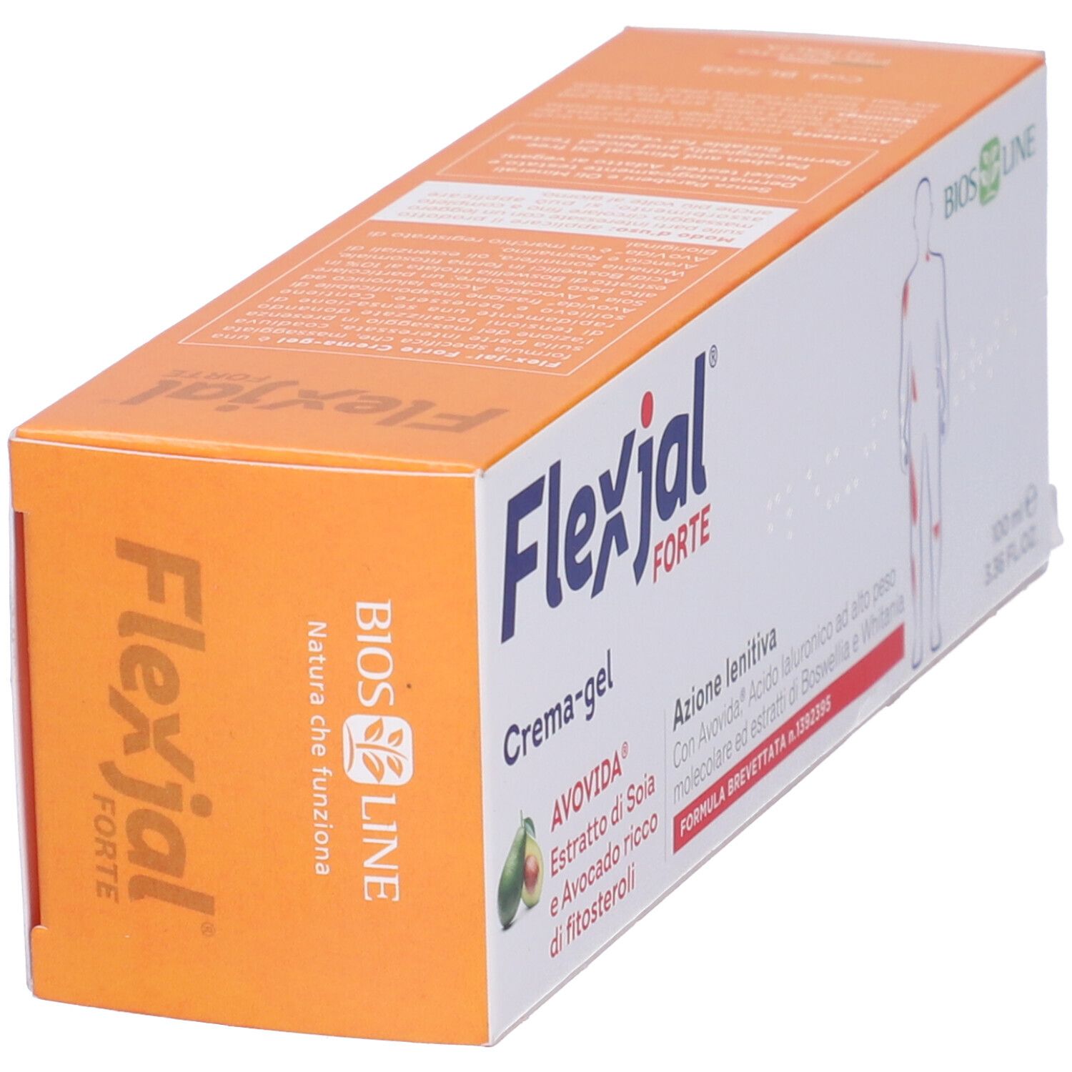 Flexjal Forte Crema-gel, confezione. Scritta: AVODA, estratti, sagoma umana. Confezione arancione e bianca.
