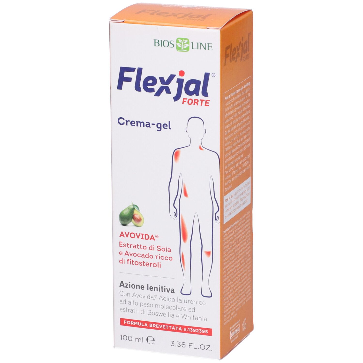 Flexjal Forte Crema-gel, confezione. Scritta: AVODA, estratti, sagoma umana. Confezione arancione e bianca.