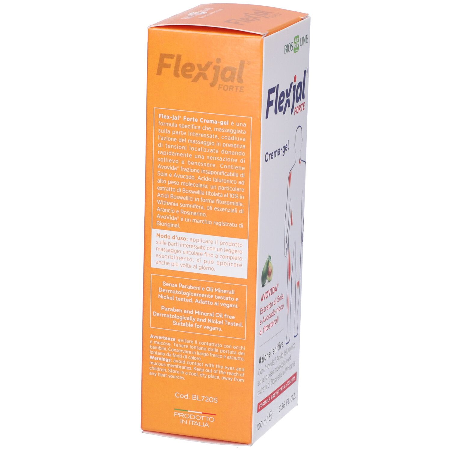 Flexjal Forte Crema-gel, confezione. Scritta: AVODA, estratti, sagoma umana. Confezione arancione e bianca.