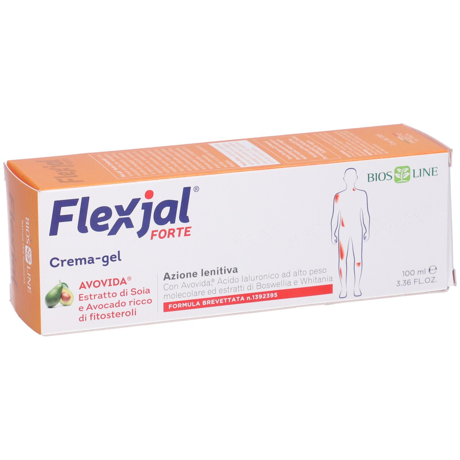 Flexjal Forte Crema-gel, confezione. Scritta: AVODA, estratti, sagoma umana. Confezione arancione e bianca.