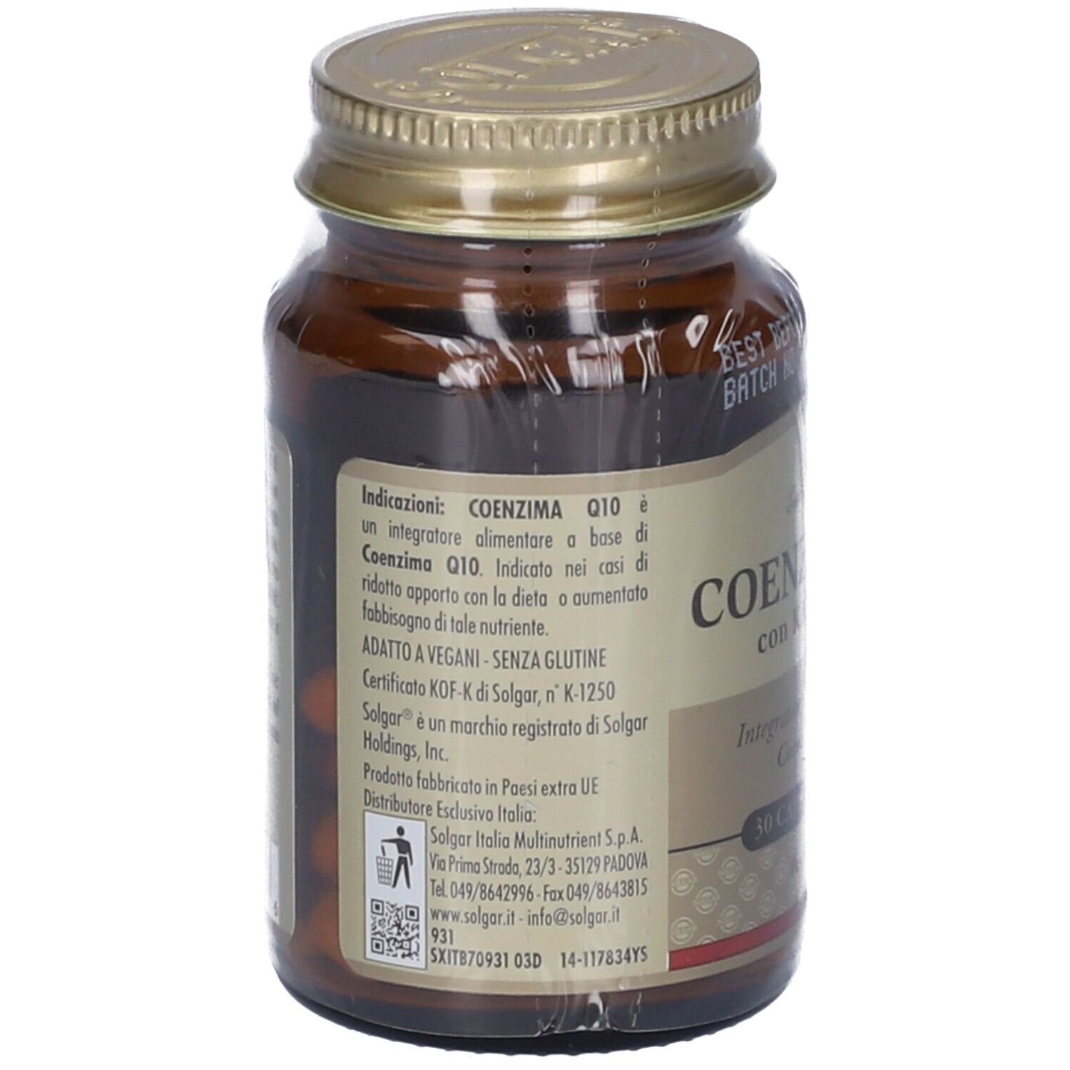Retro del flacone in vetro marrone SOLGAR Coenzima Q10. Etichetta con ingredienti e informazioni produttore.