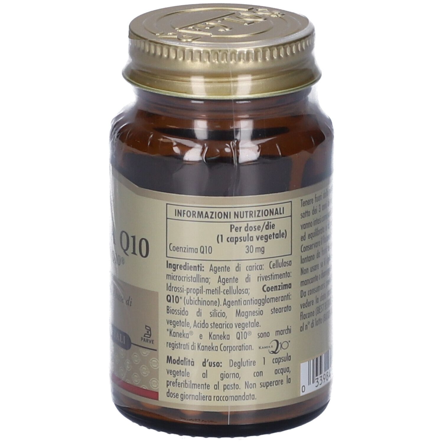 Retro del flacone in vetro marrone SOLGAR Coenzima Q10. Etichetta con informazioni nutrizionali e ingredienti.