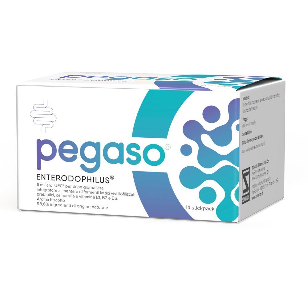 Scatola bianca Pegaso Enterodophilus. Logo e informazioni prodotto. 14 stickpack.