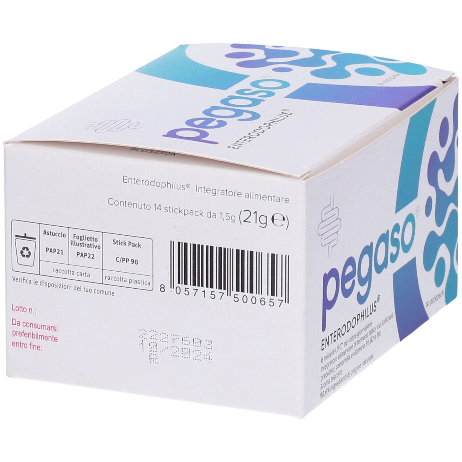 Scatola bianca Pegaso Enterodophilus. Retro con codice a barre, ingredienti e informazioni produttore.