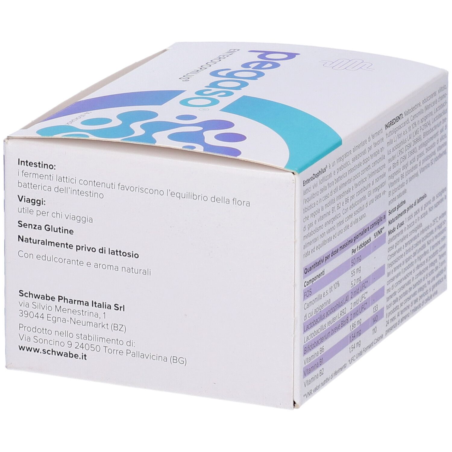 Scatola bianca Pegaso Enterodophilus. Vista laterale con ingredienti e informazioni produttore.