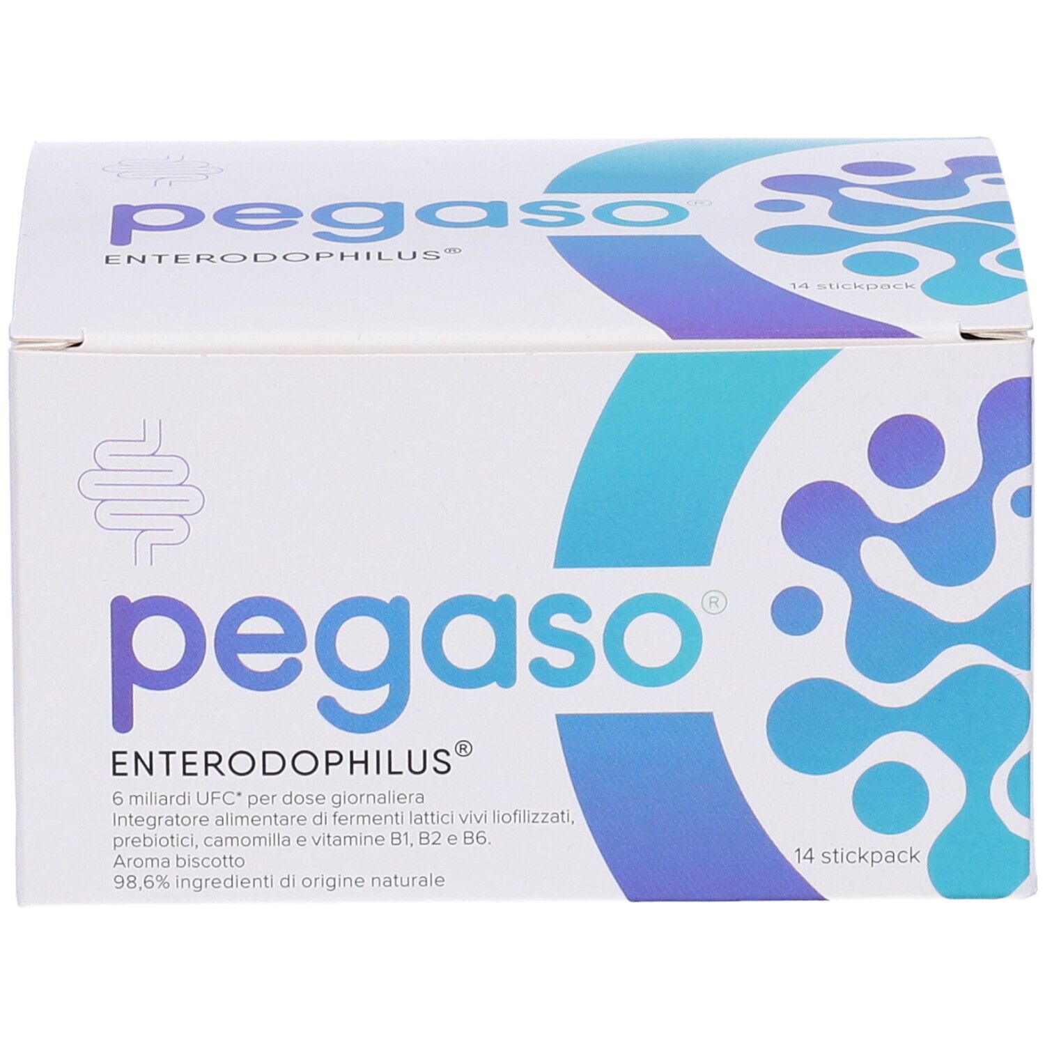 Scatola bianca Pegaso Enterodophilus. Logo, nome e informazioni prodotto. 14 stickpack.